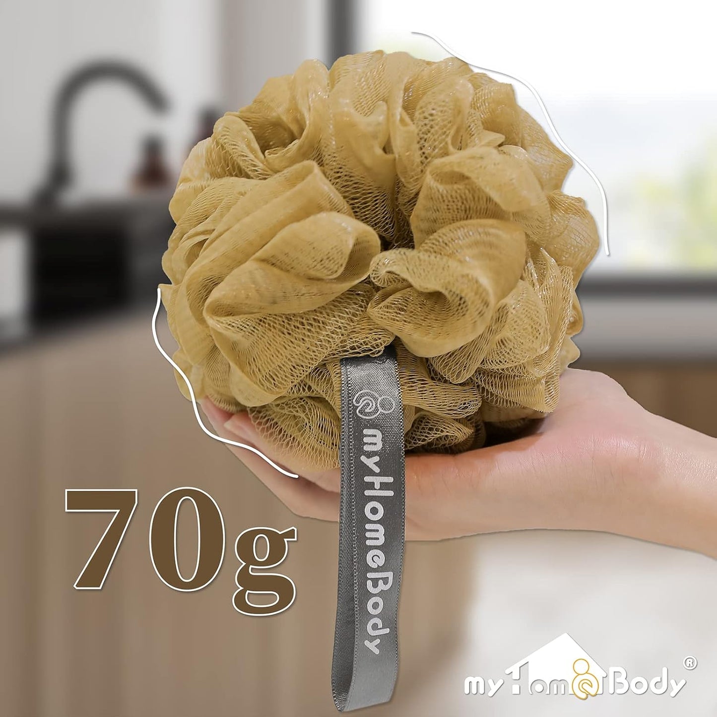 myHomeBody Large 70g Loofah Sponge, Body Scrubber, Bath Sponge, Loofah for Women, Men, Exfoliating Sponge Shower Pouf with Activated Charcoal - 2 Oat Milk + 1 Caramel, 3 Pack