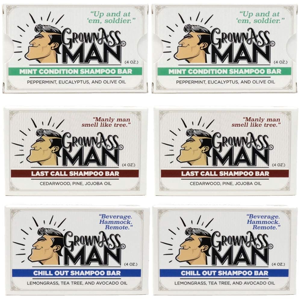 Grown Ass Man Co. - Solid Shampoo Bar Rich Lather 3 in 1: Hair, Beard & Body Wash - Plastic Free & Eco-Friendly, Natural & Organic Clean for All Hair Types, 4oz Bar (Variety, 6-Pack)