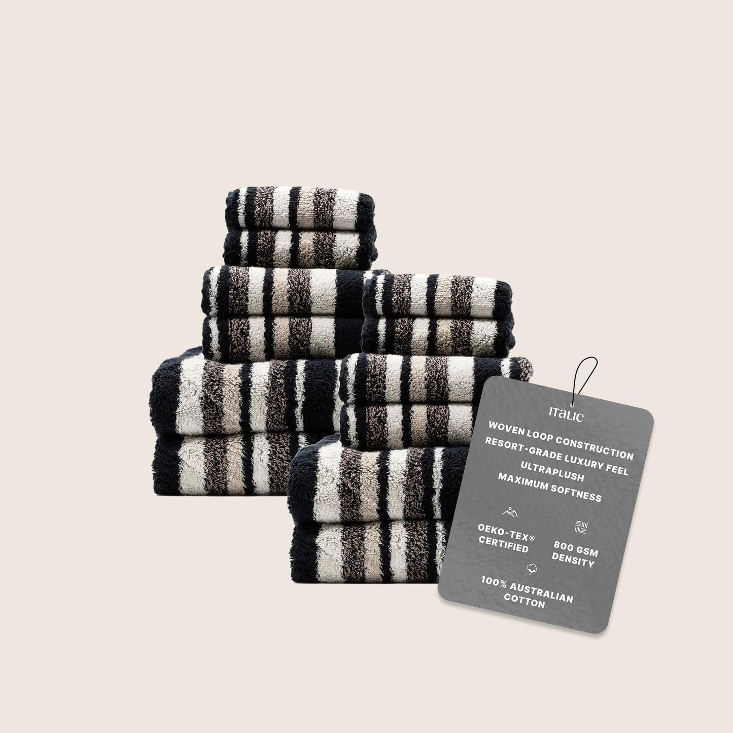 Italic Ultraplush 12-Piece Family Towel Set – Luxury Bath Towels, Hand Towels & Washcloths – Plush, Quick Dry, 800GSM 100% Australian Cotton for Bathroom & Spa - White & Blue (Stripe Multi-Color)