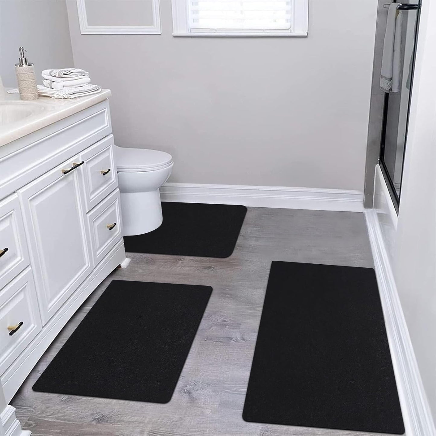 Diatomaceous earth bath mat Bathroom Rugs Sets 3 Piece Super Absorbent Quick Dry Bath Mats, Rubber Non Slip Shower Mat and Toilet Mat U Shape, Shower Rug for in Front of Bathtub Shower, Black