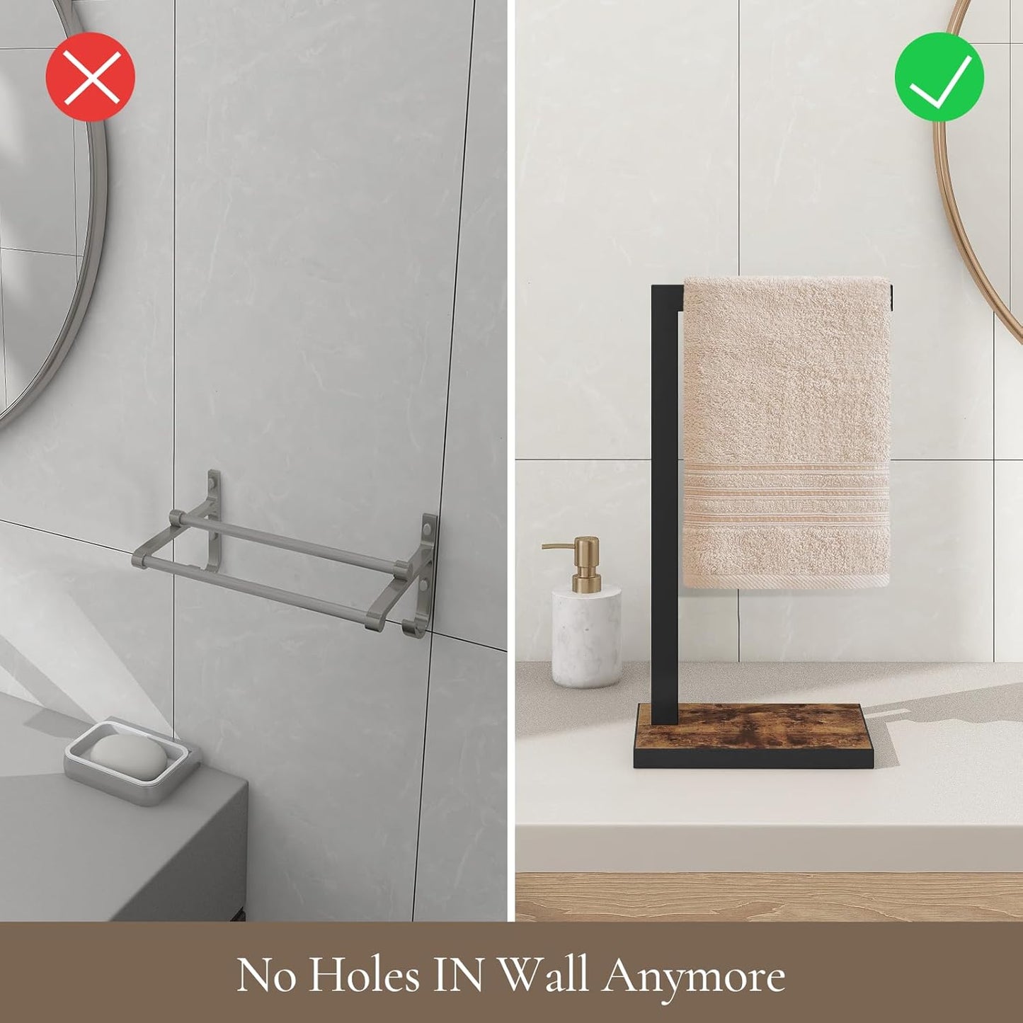 Hand Towel Holder for Bathroom, Hand Towel Stand with Wood Base, L-Shape Hand Towel Rack Height 16.3'' for Vanity Countertop, Kitchen Counter, (Rustic Brown-Square Base-L Shape)