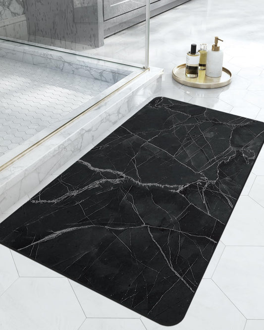 DEXI Bath Mat 17x32, Non Slip Quick Dry Rugs, Super Absorbent Ultra Thin Marble Bathmat, Washable Rubber Mats for Shower Floor, in Front of Bathtub, Sink, Bathroom Accessories Decor, Black