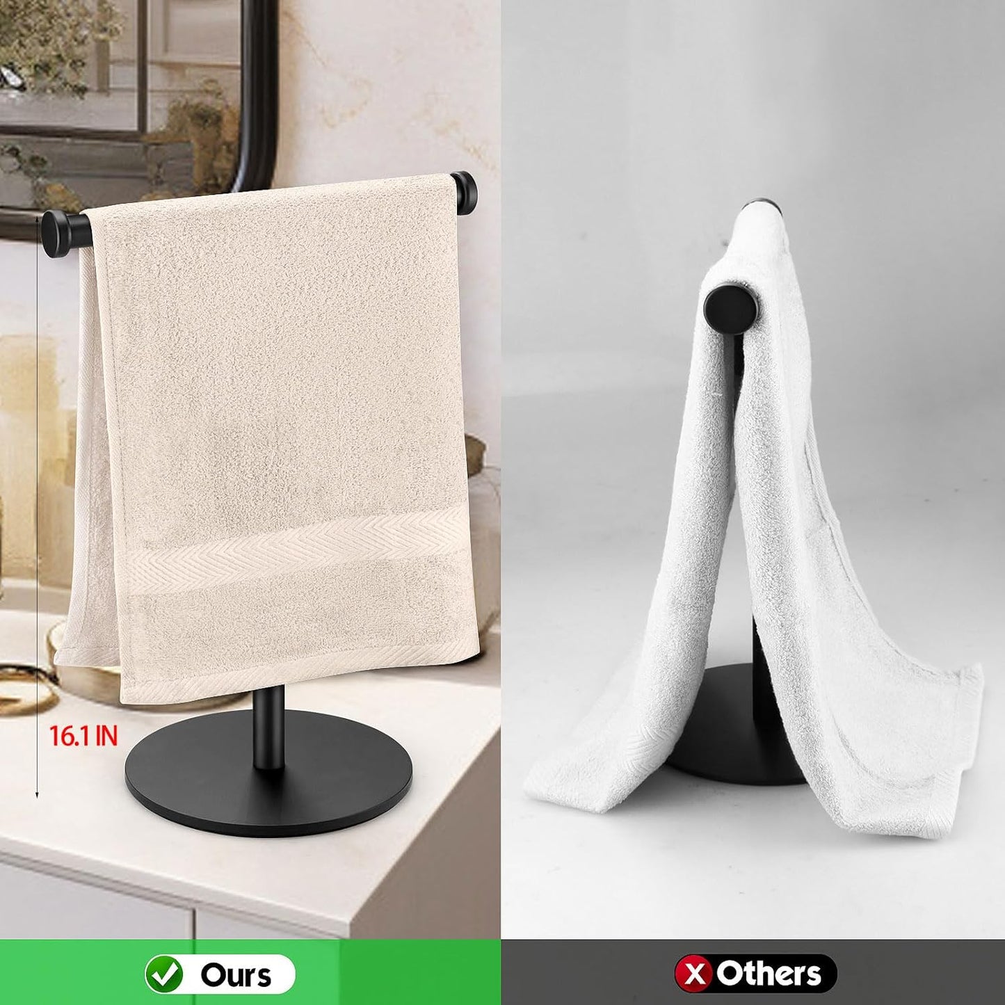 Hand Towel Holder, Matte Black Bathroom Towel Racks, Countertop Towel Stand, T-Shape Towel Holder for Bathroom Kitchen, Size 11" L x 6.7" W x 16.1" H