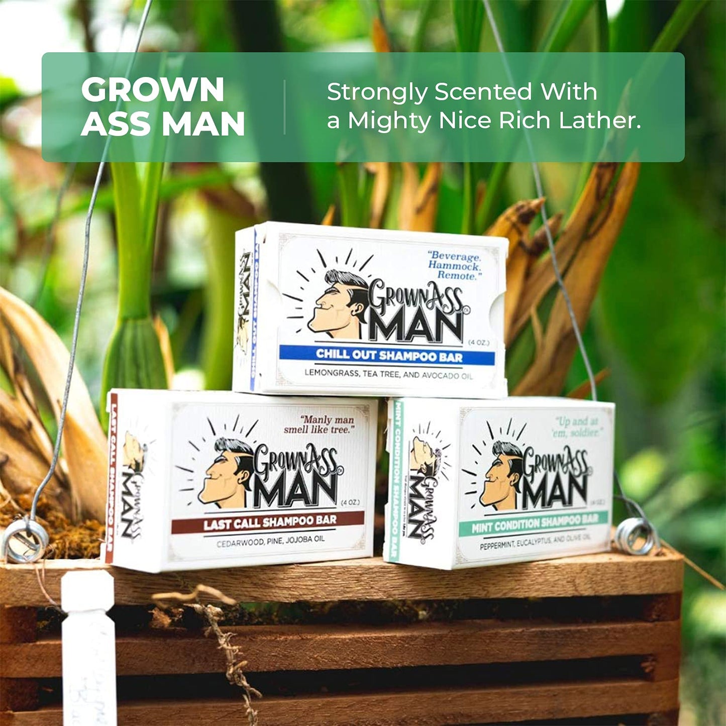 Grown Ass Man Co. - Solid Shampoo Bar Rich Lather 3 in 1: Hair, Beard & Body Wash - Plastic Free & Eco-Friendly, Natural & Organic Clean for All Hair Types, 4oz Bar (Mint Condition, 3-Pack)