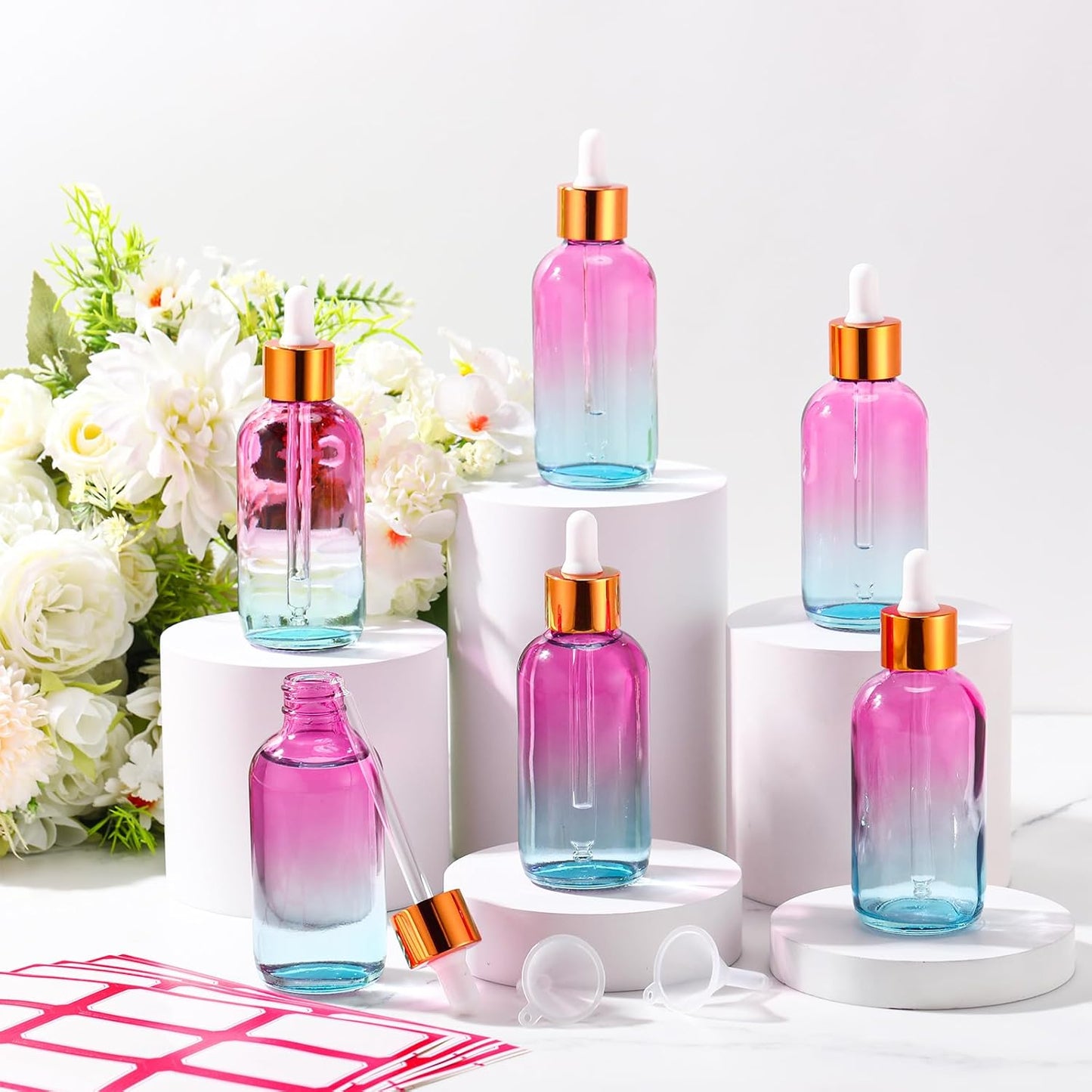 Dandat 50 Pack 4 oz Glass Dropper Bottles Leakproof 120 ml Glass Tincture Bottles with Eye Droppers, 4 Funnels, 54 Labels for Essential Oil Perfumes Hair Oil(Pink Blue Gradient)