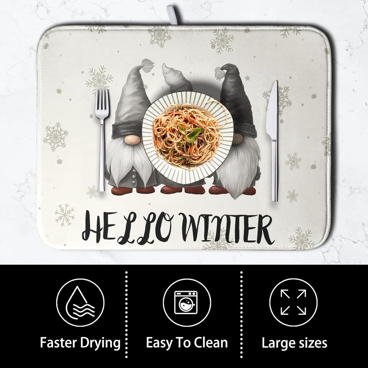 Winter Gnome Dish Drying Mat for Kitchen Counter 18x24 Christmas Snowflakes Santa Kitchen Drying Mat Hello Winter Dish Drainer Mat Super Absorbent Dish Rack Mat for Coffee Bar Countertop