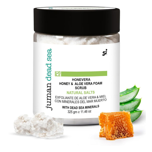 Juman Dead Sea Minerals Premium Aloe Vera & Honey Body Scrub | Gently Exfoliates and Renews Skin | Foam Scrub | SlS & Paraben Free | Vegan | 11.46 Oz