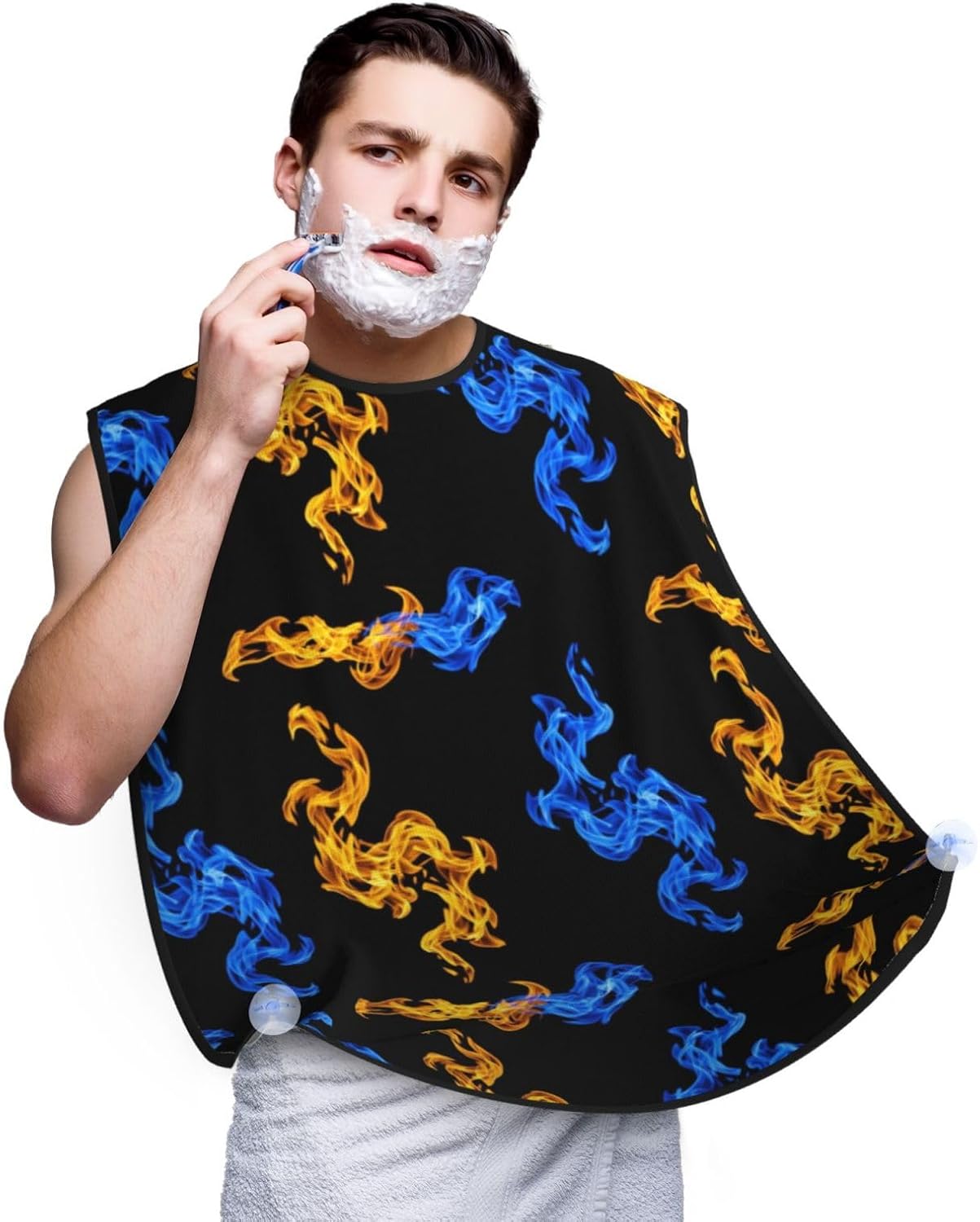Adjustable Non-Stick Beard Apron, Hair Catcher Cape for Shaving Grooming, Waterproof with Suction Cups Men, Red Blue Fire Shave Bib