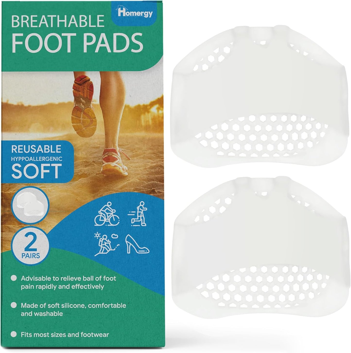 Homergy Metatarsal Foot Pads - Soft Gel Ball of Foot Cushions for Pain Relief, Ultra-Thin Sleeve Design, Stays in Place, Breathable & Reusable - Fits Heels, Flats, Sneakers (4 Pads / 2 Pairs)