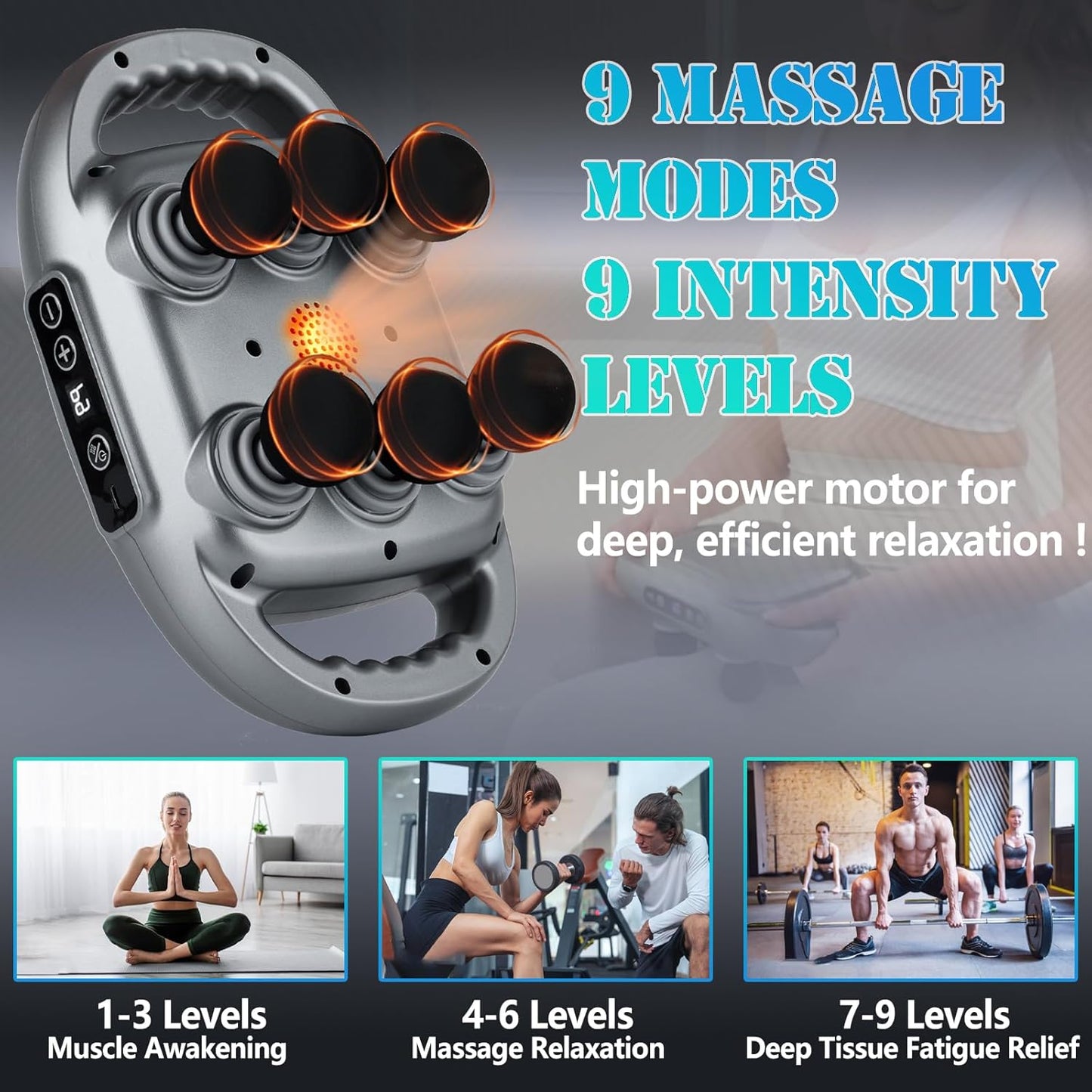 6 Head Massage Gun Deep Tissue with 9 Levels & 9 Modes, Electric Massager Tool for Legs, Arms, Waist, Back, Buttocks - Full Body Muscle Pain Relief, Ideal Gifts for Women, Men, Mom, and Dad
