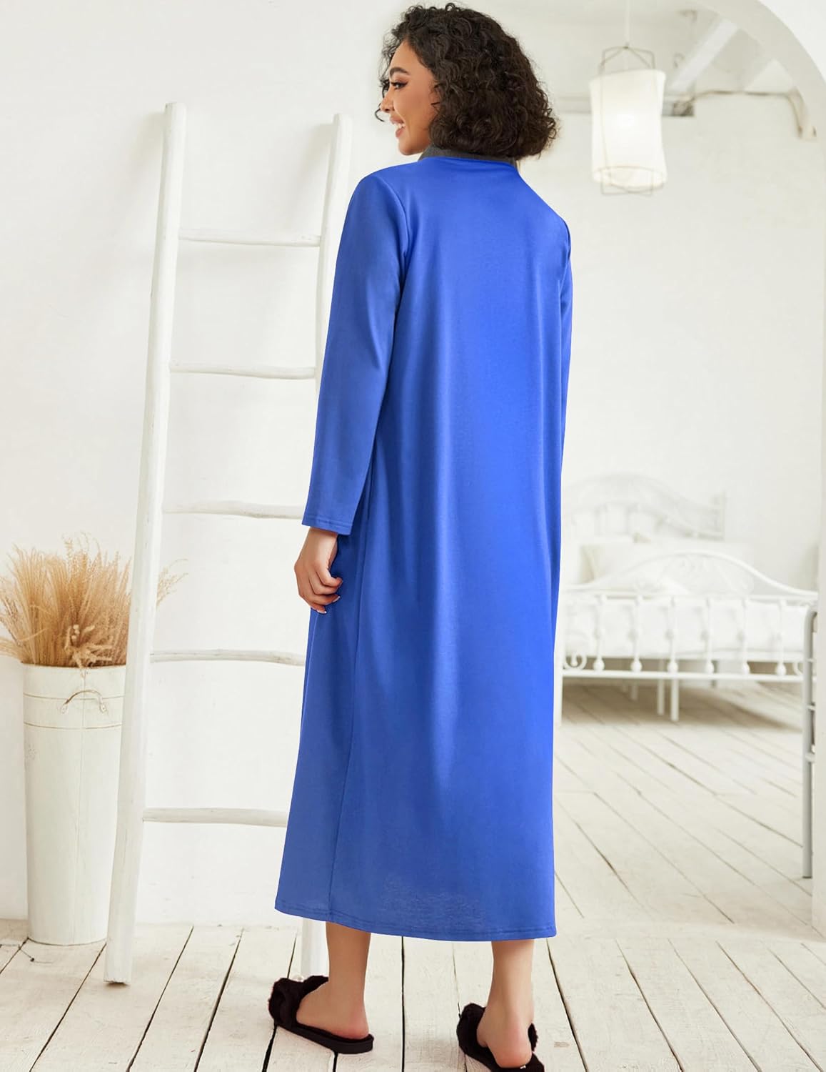 Ekouaer Women Zipper Robe Long Sleeve Loungewear Lightweight Housecoat Full Length Nightgown with Pockets