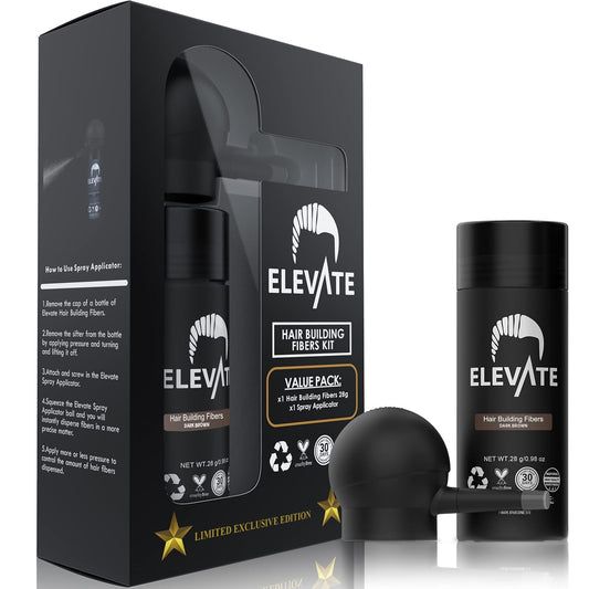 ELEVATE Hair Perfecting 2-in-1 Kit | Set Includes Natural Hair Thickening Fibers & Spray Applicator Pump Nozzle | Instantly Conceal & Thicken Thinning Balding Areas in Seconds Men & Women (Dark Brown)
