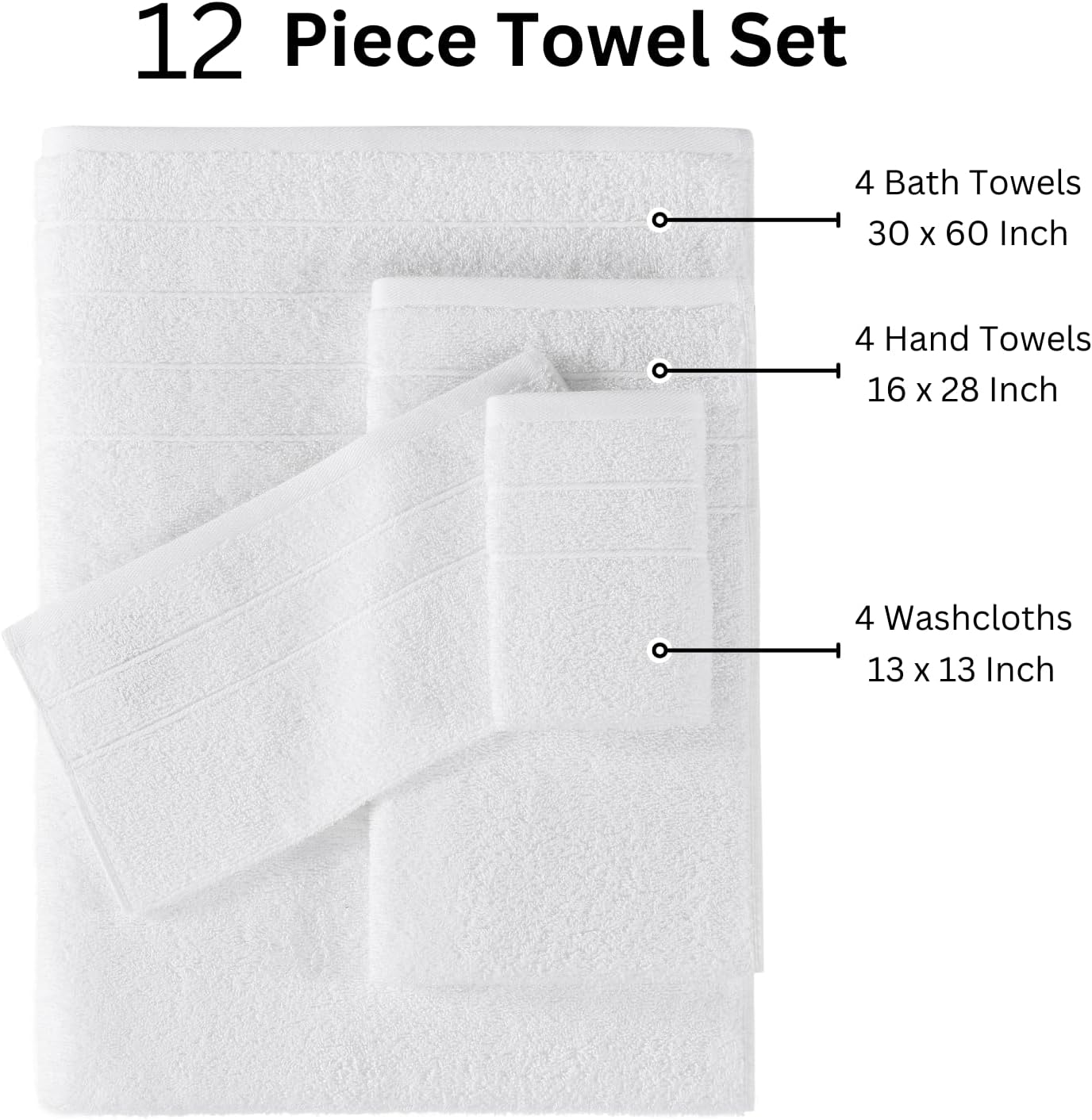 Casa Platino 100% Cotton Luxury Bathroom Towel Set - 12 Pcs - Super Soft, Fluffy & Highly Absorbent - 4 Large Bath Towels, 4 Washcloths, 4 Hand Towels - Complete Family Pack - White Bath Towel Set