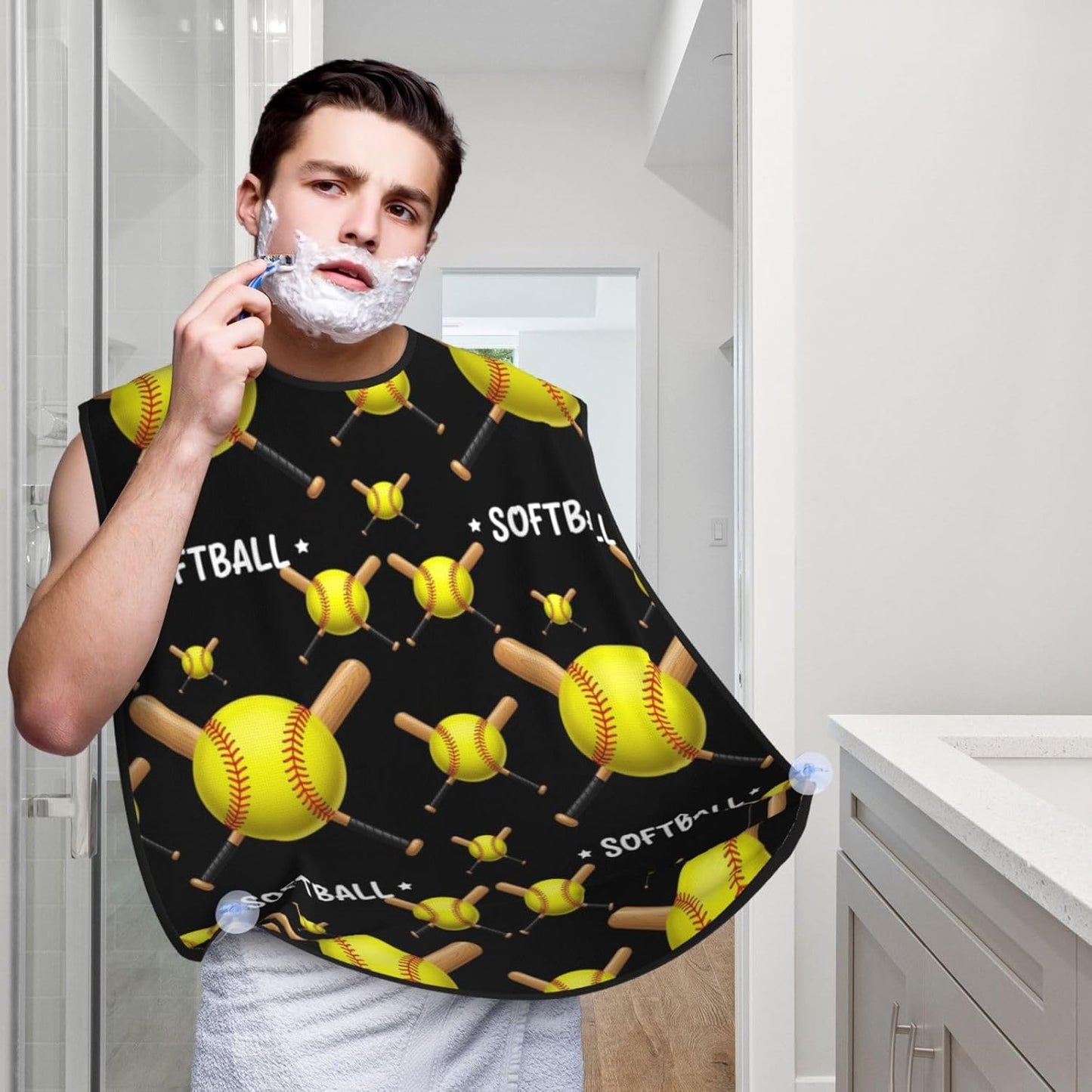 Men's Beard Maintenance Apron, Waterproof & Easy Clean, Yellow Softball Ball American