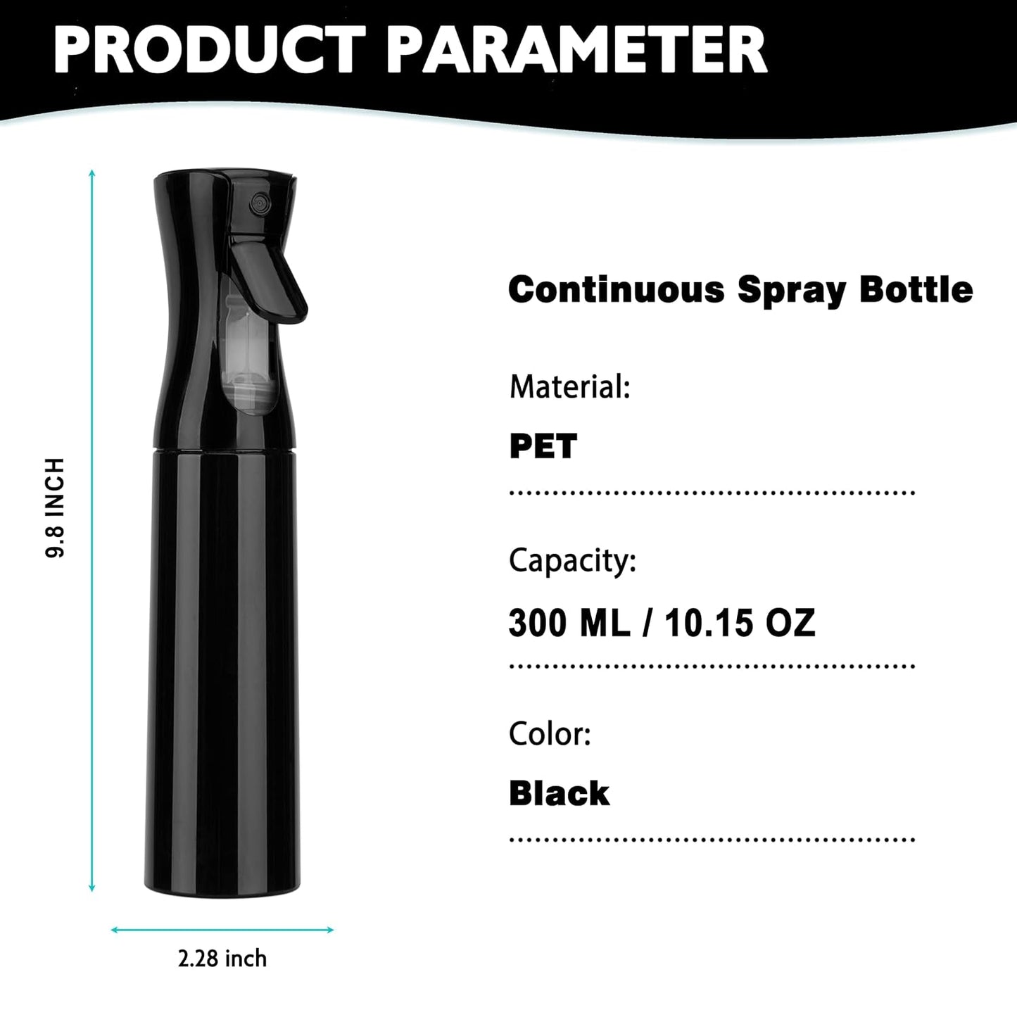 Spray Bottle for Hair (10.15OZ /300ML) Continuous Ultra Fine Mist Sprayer for Hair, Salons, Barber, Plants, Skin Care, Cleaning Black