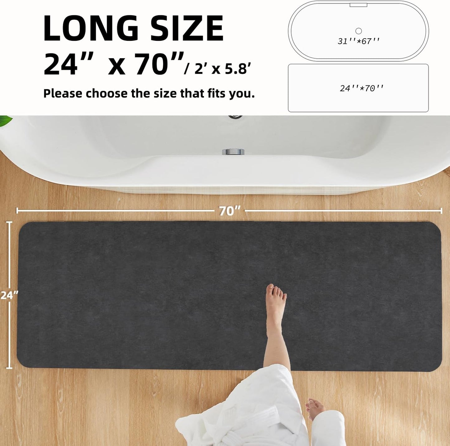 Bath Mat, Bathroom Rugs Non Slip Washable Thin Absorbent Quick Dry Bath Mat Fits Under Door Bathroom Floor Mat Perfect for Bath, Shower, or Sink 24"x70" Dark Grey