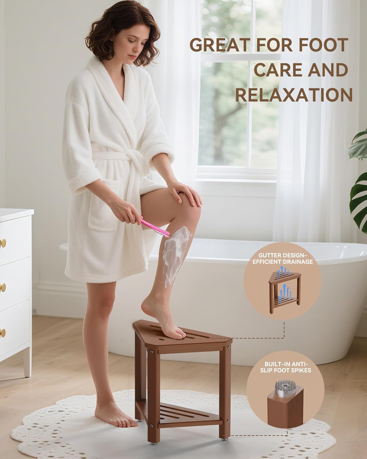 Teak Shower Foot Rest 15in, HDPE Waterproof Shower Stool for Inside Shower, Corner Shower Stool for Shaving Legs with Storage Shelf for Small Space, Shower Step Stool, Plastic Corner Shower Bench