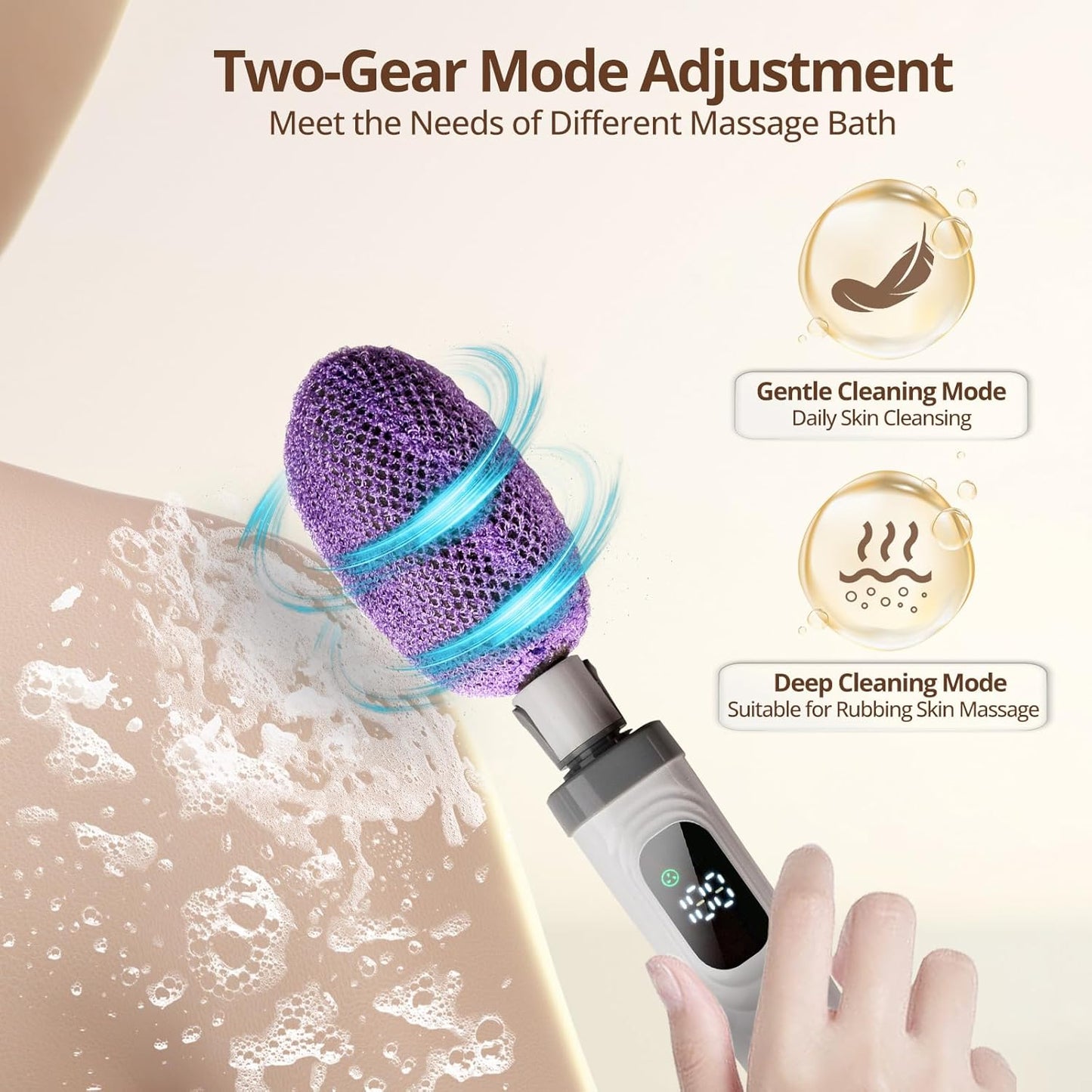 Electric Back Scrubber for Shower,African Net Sponge Long Handle Exfoliating Body Scrubber,IPX7 Waterproof Bath Brush with 3 Heads & 2 Speeds,for Cleansing, Exfoliating and Foot Callus Remover