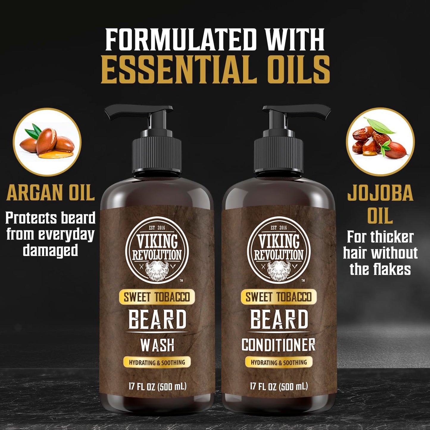 Viking Revolution Beard Wash and Beard Conditioner for Men with Argan Oil and Jojoba Oil - Beard Softener and Strengthener Beard Care Beard Shampoo and Conditioner with Beard Oil (17oz, Sweet Tobacco)