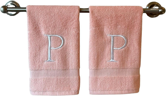 Pink Initial Hand Towel for Bathroom - Monogrammed Luxury Hotel Quality Decorative Embroidered Towel for Powder Room, Spa - GOTS Organic Certified - Set of 2 Letter P