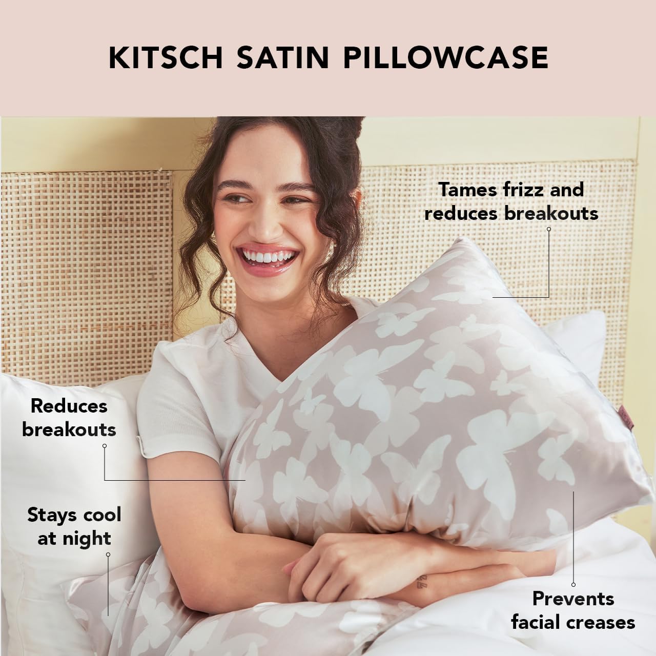 Kitsch Satin Pillowcase with Zipper for Hair & Skin, Softer Than Silk Pillow Cases Queen, Wrinkle-Free, Smooth and Cooling Satin Pillow Covers, Standard Size 19"x26", Champagne Butterfly