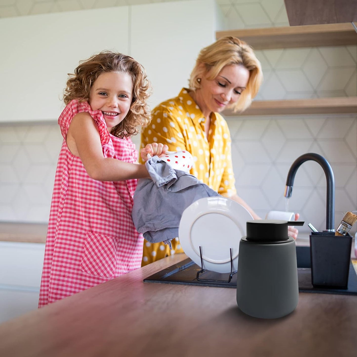 Soap Dispenser Ceramic with Easy-to-Press Pump Hand Lotion Liquid Dispenser for Shampoo Bathroom Kitchen 12 oz Grey