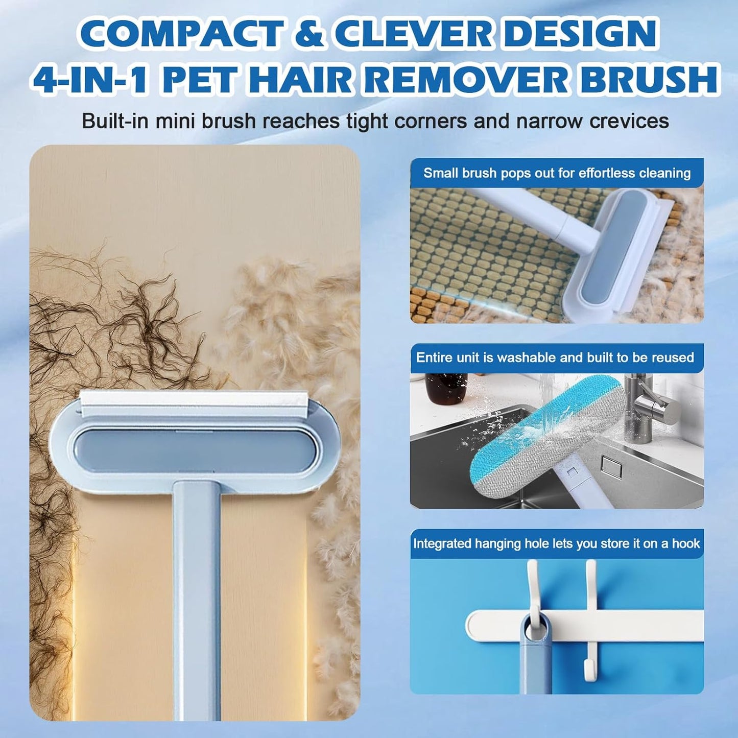 Pet Hair Remover for Couch, Furniture & Car Seats - Reusable Lint Roller for Dog and Cat Hair Removal on Clothes, Carpet, Bedding - Eco Friendly, No Sticky Refills, with Long Handle & Squeegee