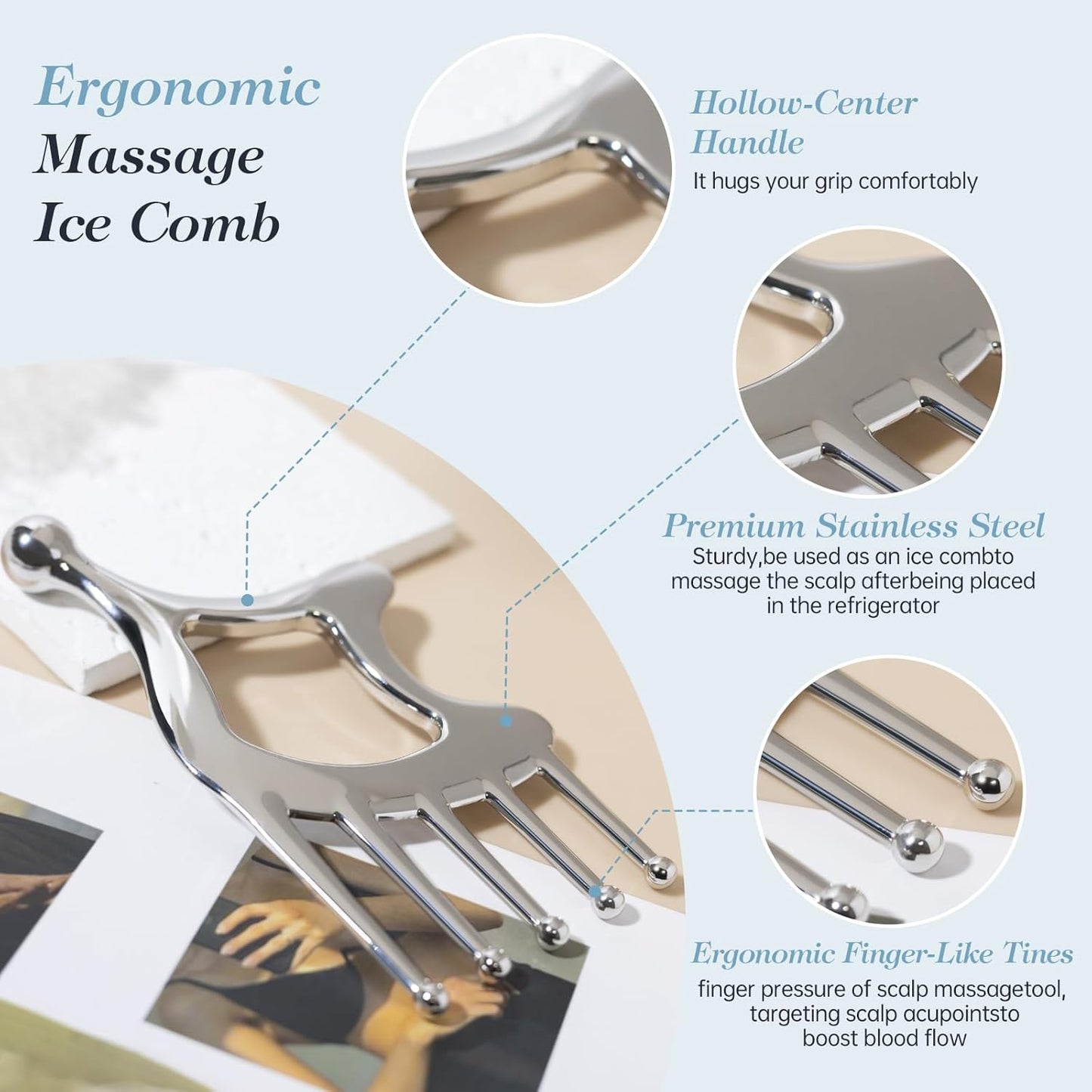 Metal Gua Sha Facial Tools, Portable Scalp Massage Tool, 5 in 1 Massage Comb for Head, Neck, Shoulders, Legs & Arms Hand Held Head Massager for Deep Relaxation and Relieving Fatigue & Pain, Home SPA