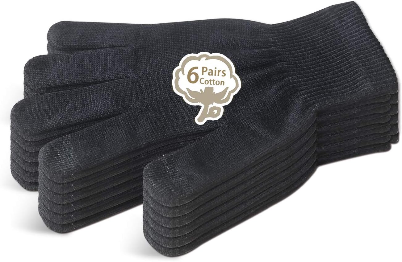 Evridwear Men Moisturizing Cotton Gloves with Touchscreen Fingertips for Eczema Beauty Cosmetic Dry Hands Sensitive Irritated Skin Therapy Overnight Bedtime, 6 Pairs, Lightweight-Black, XS