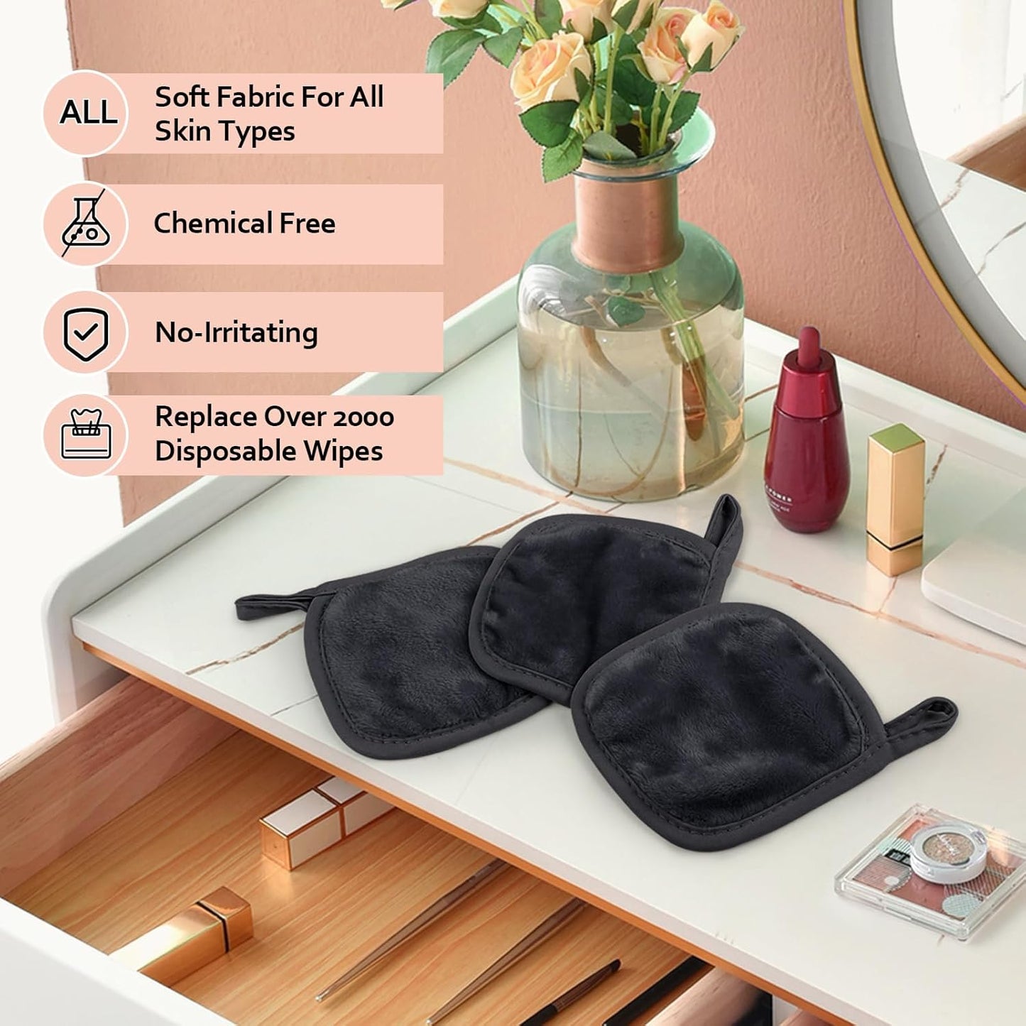 HOMEXCEL Makeup Remover Cloth 12 Count (Pack of 1), Reusable Makeup Remover Pads, Washable Ultra Soft Facial Cleansing Cloths For All Skin Types, 5 X 5 In, Black