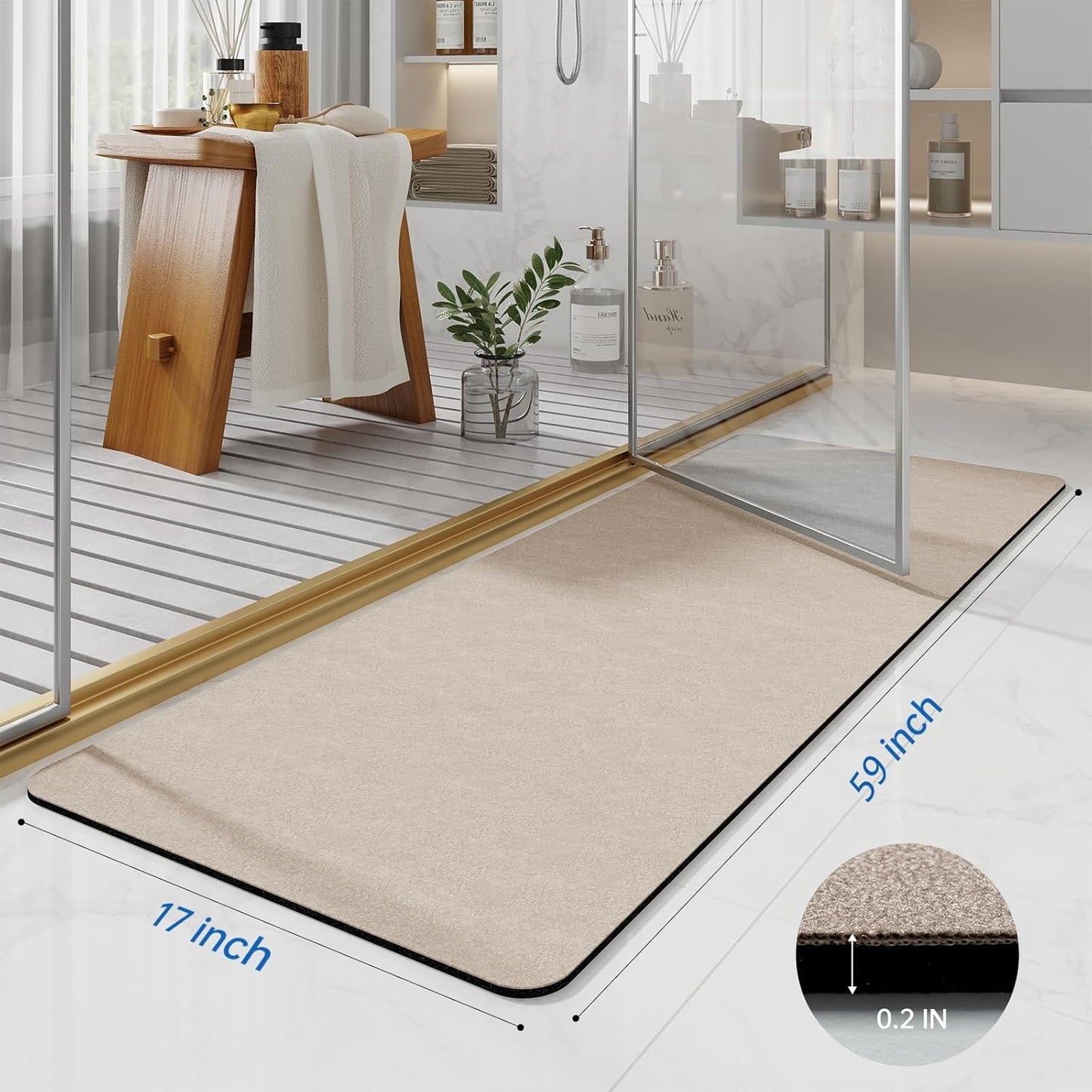 Taupe Long Bathroom Mat Rugs 59x17 Diatomaceous Earth Bath Mat Large Quick Dry Bath Mat Non Slip Rubber Backed Super Absorbent Shower Mat, Thin Bathroom Runner Rugs Floor Mat Fit Under Door