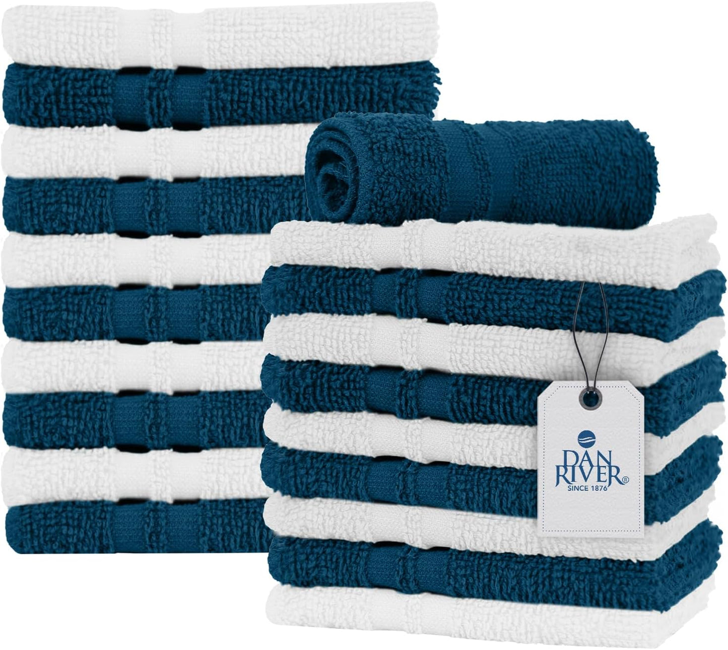 DAN RIVER 100% Cotton Washcloths 20 Pack Premium Quality Face and Body Cloth, Quick Dry Essential Towels for Bathroom, Hand, Kitchen & Cleaning, Baby Washcloths | 11X11 in | 400 GSM | Blue Opal+White
