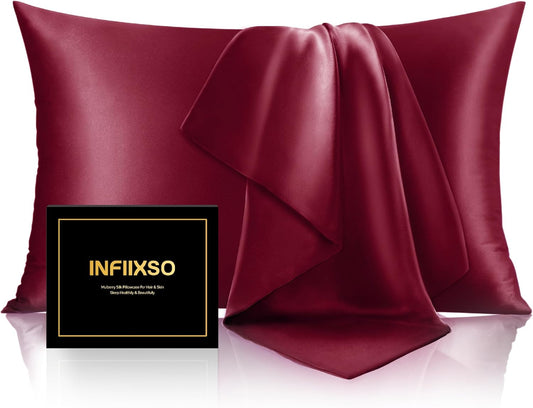 INFIIXSO Mulberry Silk Pillow Cases King Size Set of 2, Silk Pillowcase with Hidden Zipper 20"x36", Extraordinary Smooth and Soft Pillow Case for Hair and Skin(Burgundy, 2 Pack)