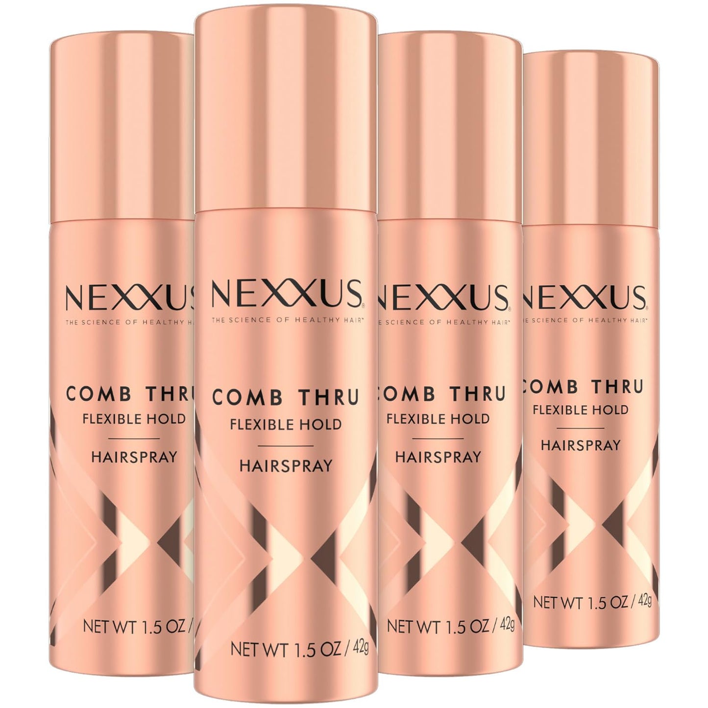 Nexxus Travel Hairspray, Comb Thru Flexible Hold 4-Pack – 72-Hour Anti-Humidity Shield, 48-Hour Frizz Control, Rose Fragrance, 1.5 Oz Ea