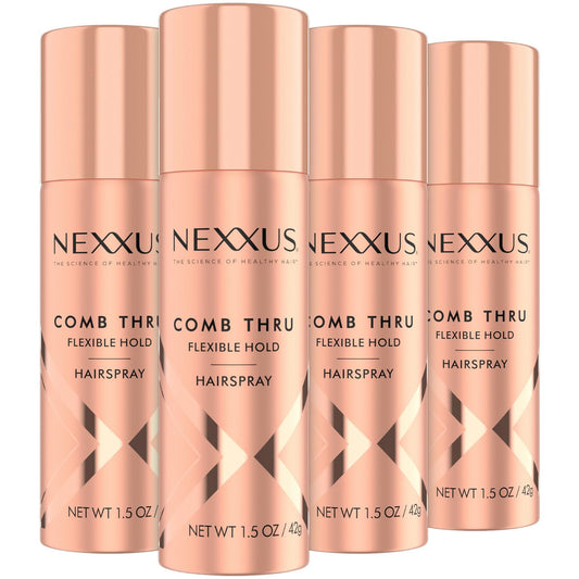 Nexxus Travel Hairspray, Comb Thru Flexible Hold 4-Pack – 72-Hour Anti-Humidity Shield, 48-Hour Frizz Control, Rose Fragrance, 1.5 Oz Ea