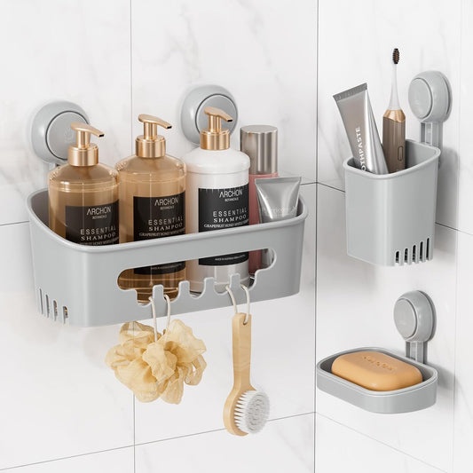 LEVERLOC Shower Caddy Suction Cup Set Shower Organizer & Soap Holder & Toothbrush Holder, Bathroom Shelf Basket NO-Drilling, Removable Suction Storage Waterproof Bathroom Caddy, Gray