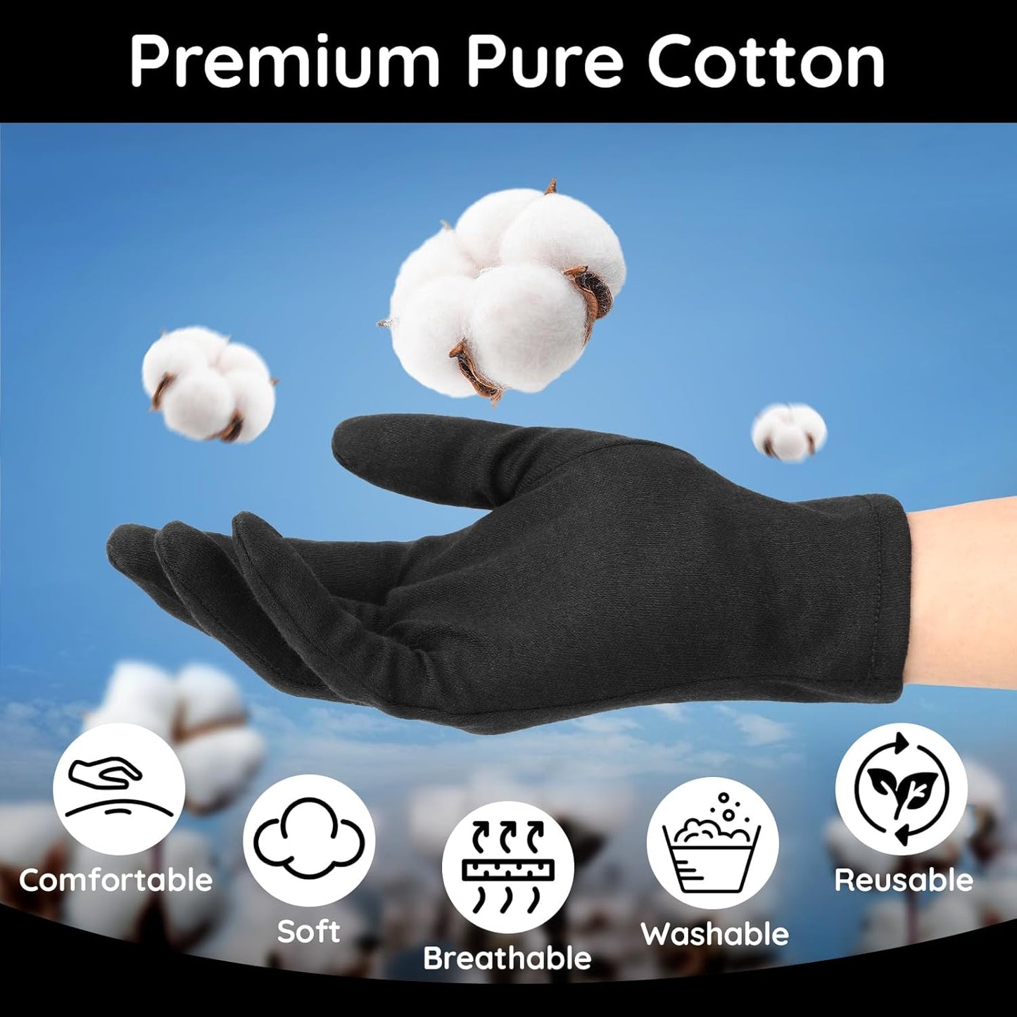 Segbeauty 36 Counts Black Cotton Gloves for Men Dry Hands, 18 Pairs Overnight Moisture Lotion Cotton Gloves for Sleeping Driving Typing, Cracked Hand Home Sleep Glove Reusable Soft Glove Bulk Large