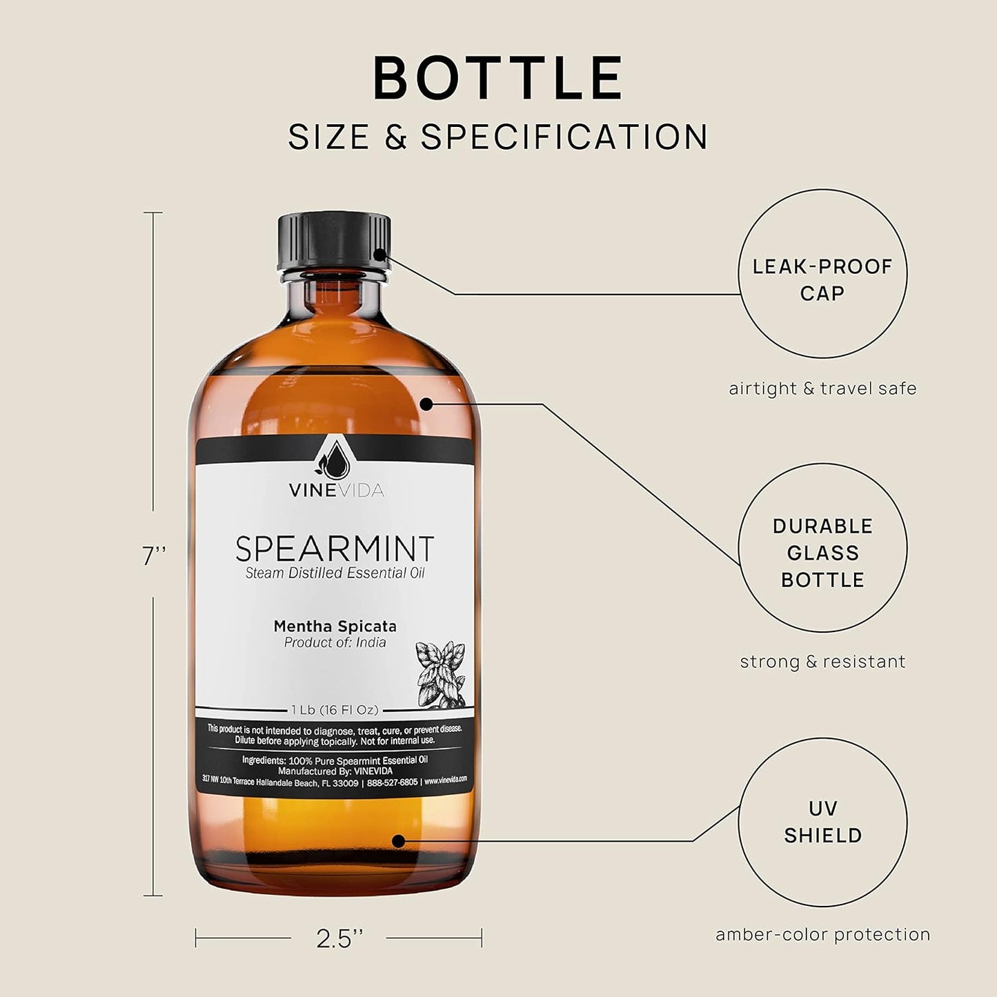 VINEVIDA Spearmint Essential Oil - 16 oz - Undiluted - DIY Candle Scents - Bulk for Soap Making & Skin Safe