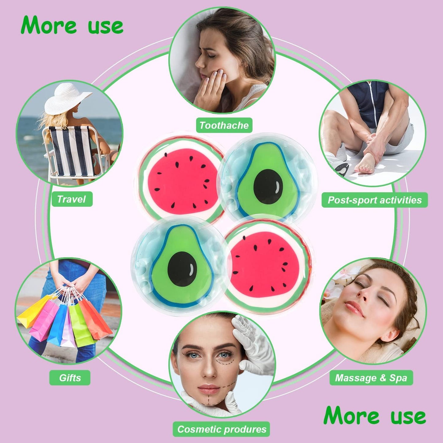 Hot and Cold Eye Pads, Reusable Eye Patches - Soothing, Revitalizing, Puffiness, Refresh, Relieves Stress, Relax, Relieves Puffiness and Tension(2 Watermelons + 2 Avocados)