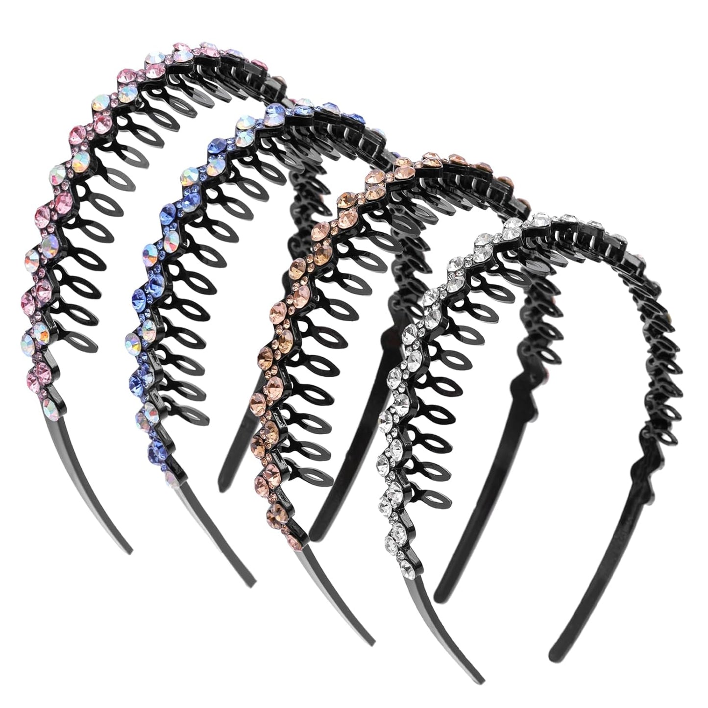 Rhinestone Headbands with Teeth Non Slip Tooth Comb Headband Sparkly Crystal Plastic Hairband High Elastic Hair Hoop Hair Accessories for Women Girls with 4PCS