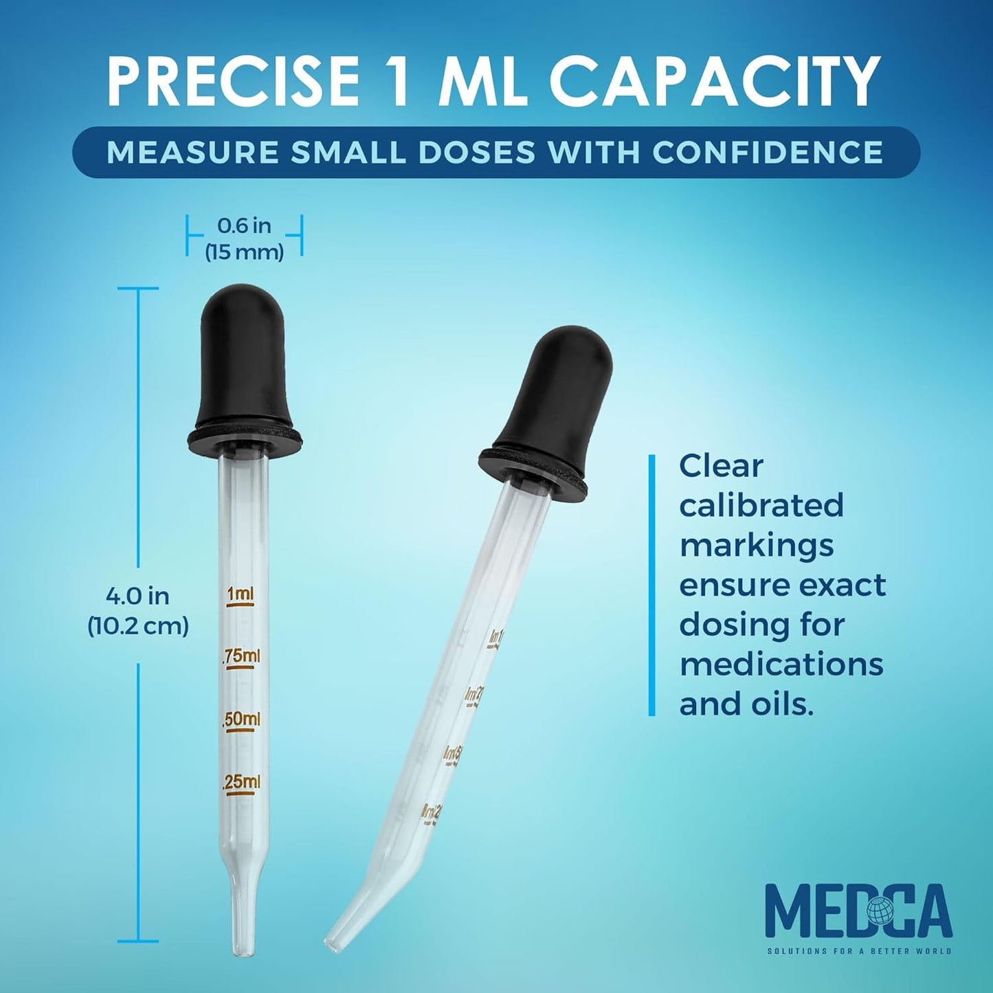 MEDca Eye Dropper - (Pack of 2) Bent & Straight Tip Calibrated Glass Medicine Droppers for Medications or Essential Oils Pipette Dropper for Accurate Easy Dose and Measurement (1 mL Capacity)