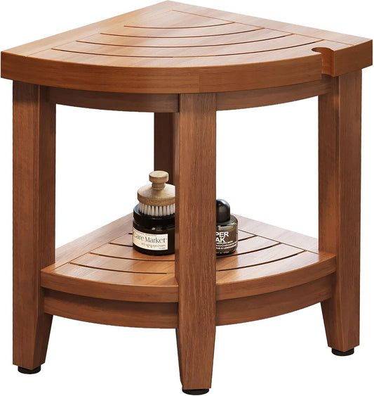 18" Teak Corner Shower Stool, Inside Shower Stool with Storage Shelf, Waterproof Teak Stool for Shaving Legs and to Sit On, 2-Tier Shower Stool,Adjustable Feet, Non-Slip, Brown