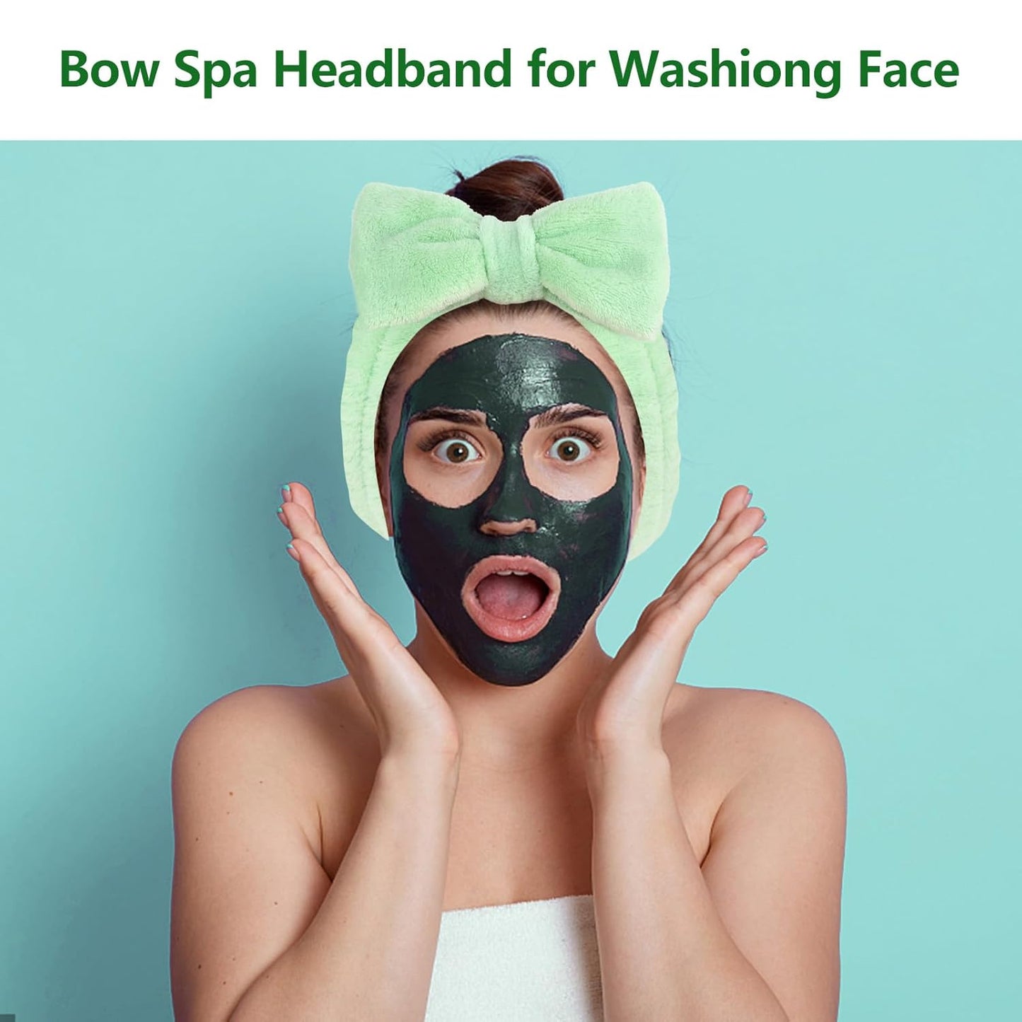 Ondder Green Spa Terry Cloth Skincare Headbands for Women - 8 Pcs Makeup Bow Hair Bands for Face Washing and Skin Care