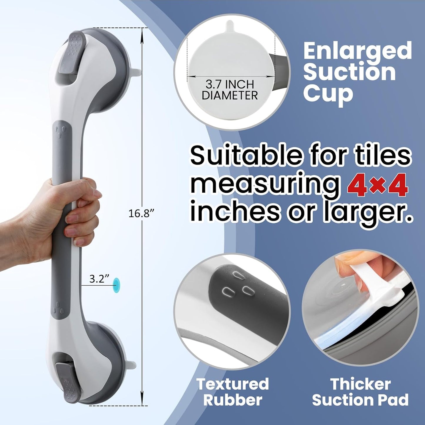 Grab Bars for Bathtubs and Showers 2 Pack Shower Handle, Heavy Duty Suction Grab Bar Bath Handrails for Seniors and Elderly, Bathroom Safety Grip No Drilling Waterproof Removable, Grey