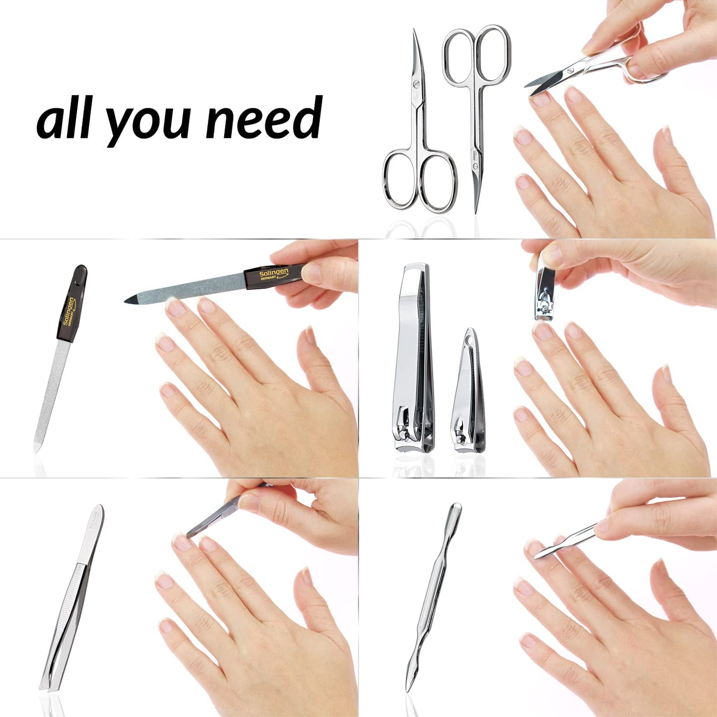 Manicure Set Solingen Made in Germany - 7 Piece Exclusive Finger & Toe Nail Clippers Kit for Women and Men in Real Leather Case, Color Red