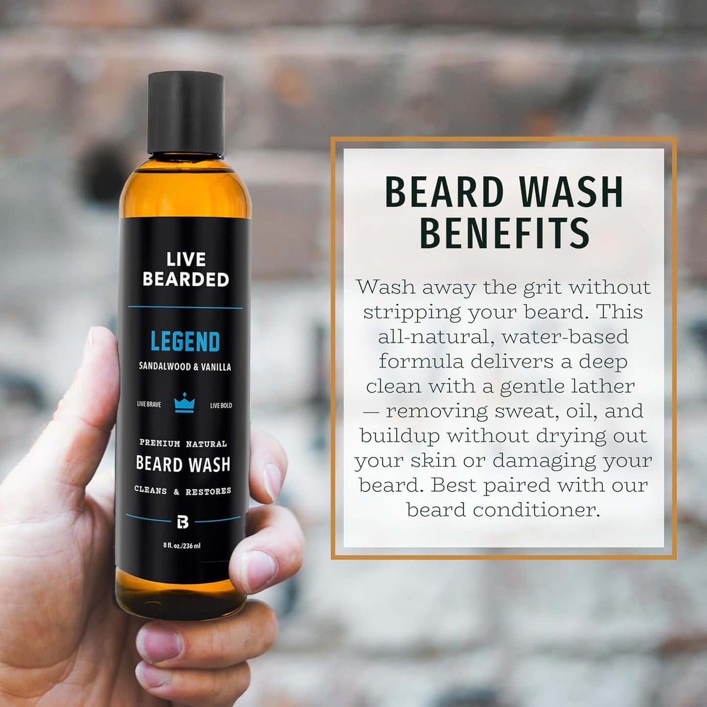 Live Bearded Beard Wash, 8 fl oz - Water-Based Face Cleanser with All-Natural Ingredients for a Gentle, Deep Clean - Made in the USA | Legend Scent - Sandalwood, Vanilla