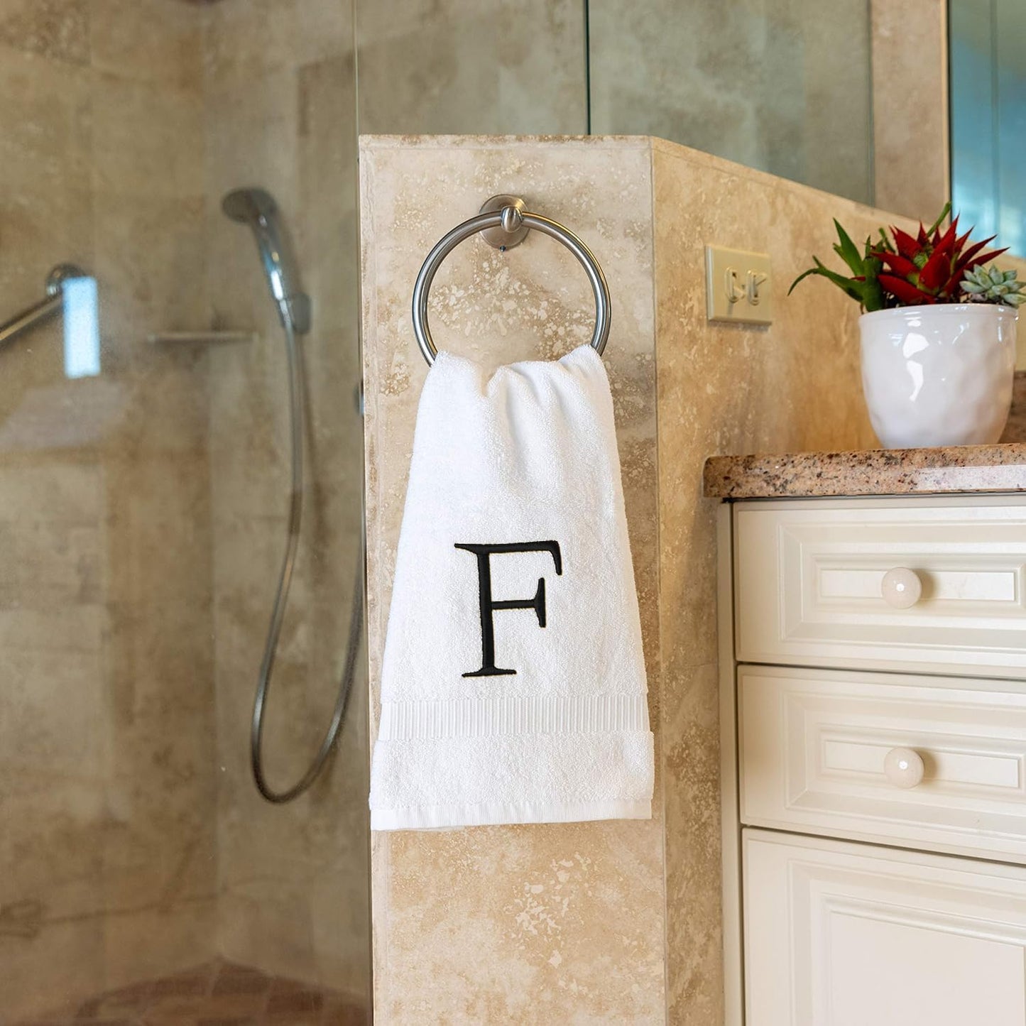 Black Monogramme d Hand Towel for Bathroom - Initial Hotel Quality Decorative Embroidered Luxury Towel for Powder Room, Spa - GOTS Organic Certified - Set of 2 Letter F