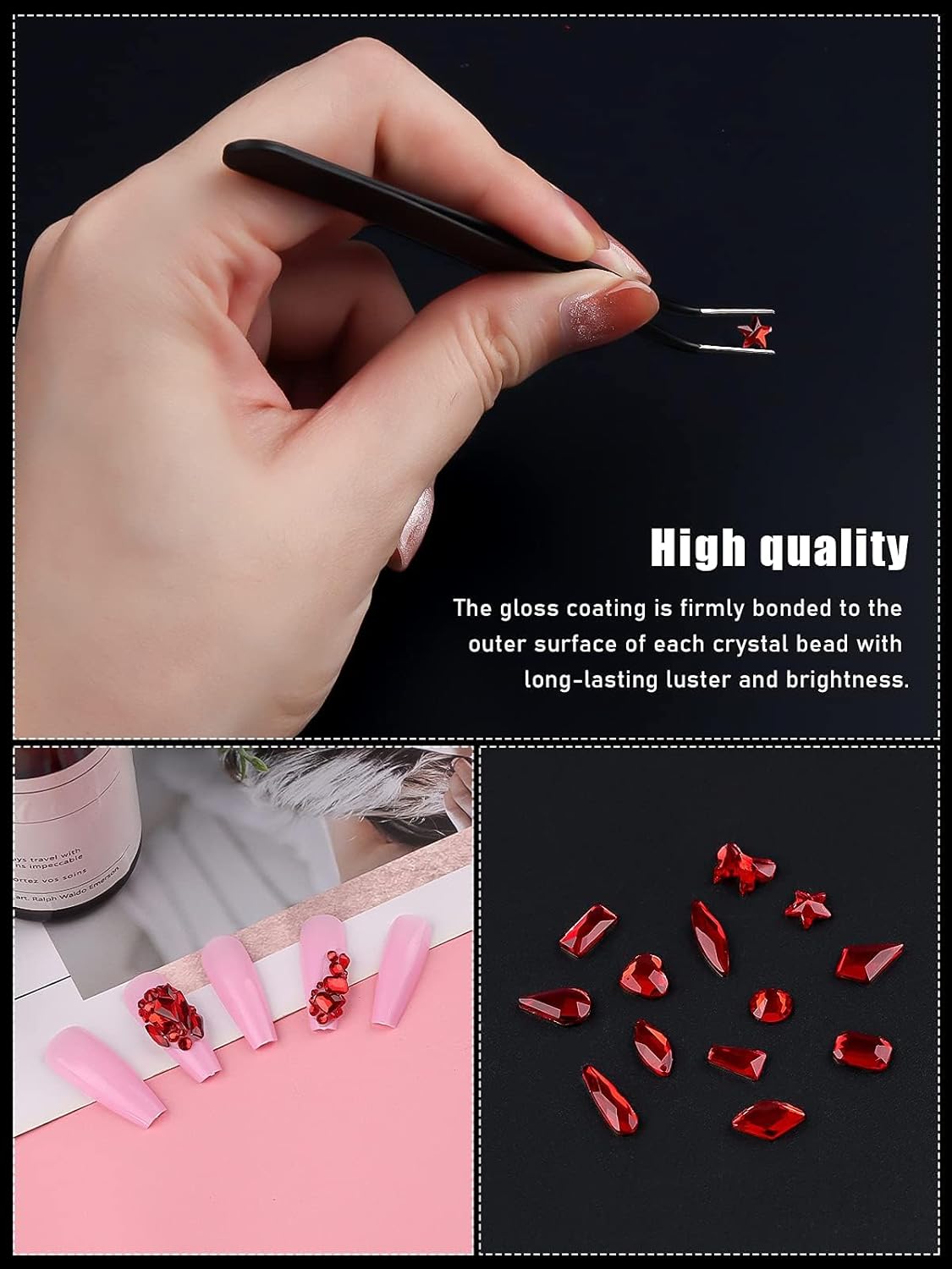 3100Pcs Red Rhinestones for Nails EBANKU Nail Art Rhinestones Kit Red Nail Crystal Rhinestones Mixed Shape with Rhinestone Picker Dotting Pen Tweezers for Christmas DIY Nail Art Craft
