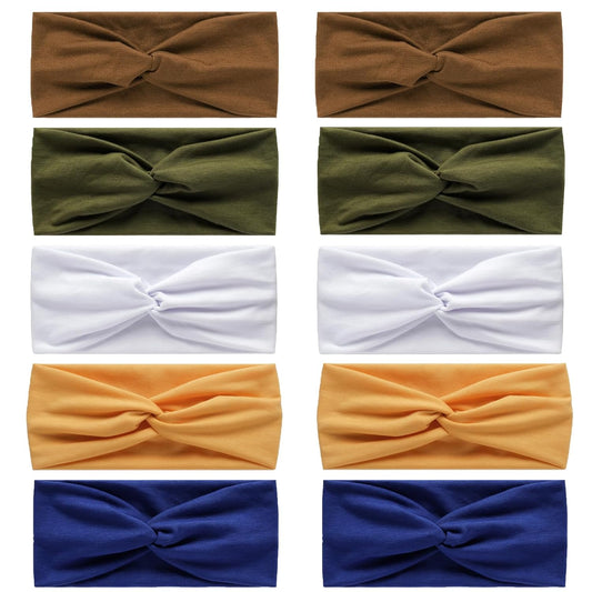 10 Pcs Wide Absorbent Sport Headbands for Women, Non-slip, Stretchy, Soft Cotton Twist Knotted Hair Bands for Daily Workout Yoga Running Sports, BE