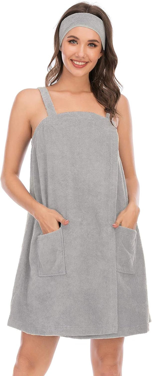 Veseacky Women Bath Wrap Towel for Womens Shower with Pocket Adjustable Spa Robe & Facial Headband